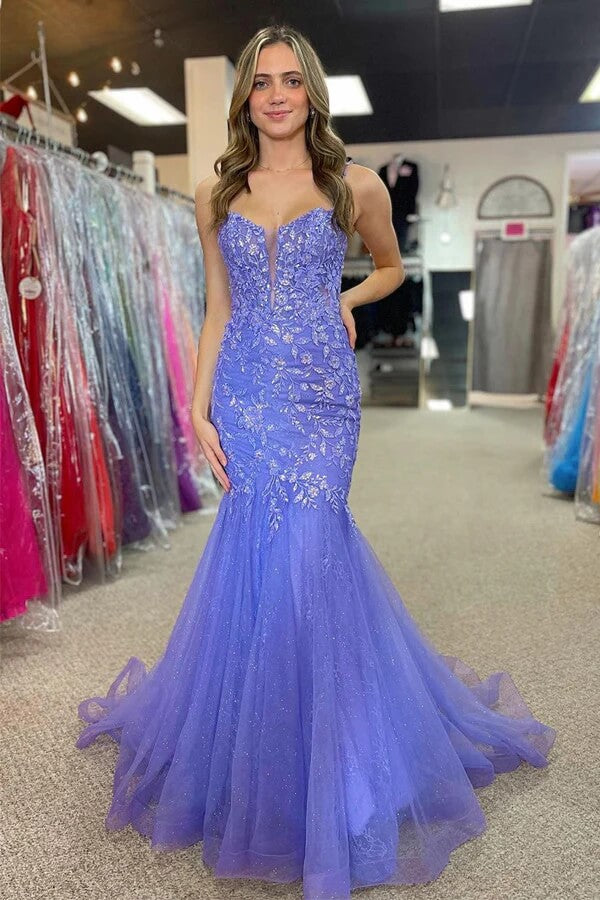 Vestidos largos de fiesta de sirena de tul con tirantes finos y apliques