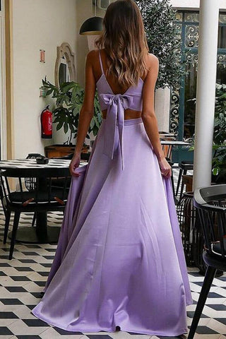 Vestido de fiesta de dos piezas color lila con escote corazón y tirantes finos, estilo vestido de noche