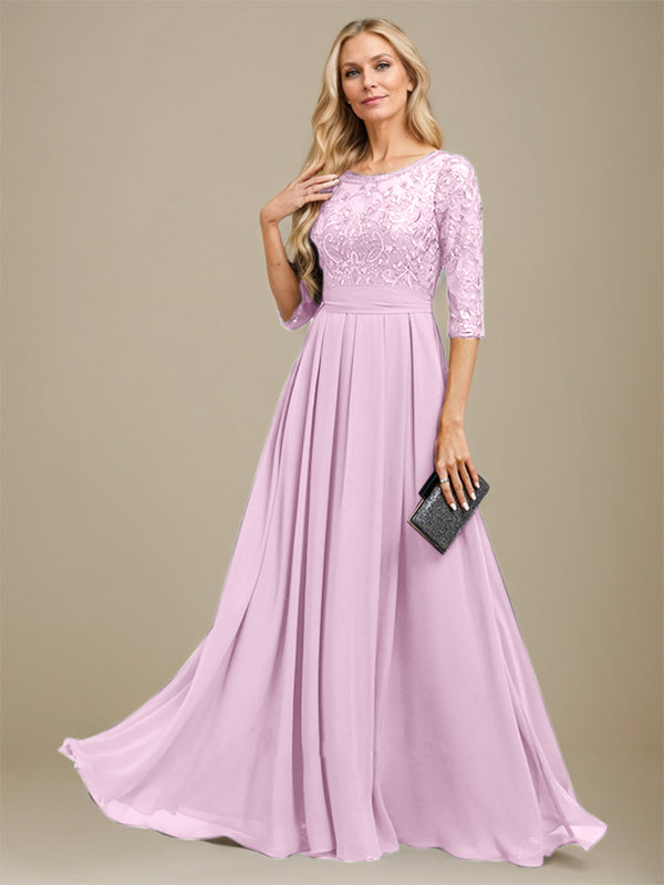 Vestido de corte A, escote redondo, largo hasta el suelo, de gasa de encaje con apliques de lentejuelas para la madre de la novia. 