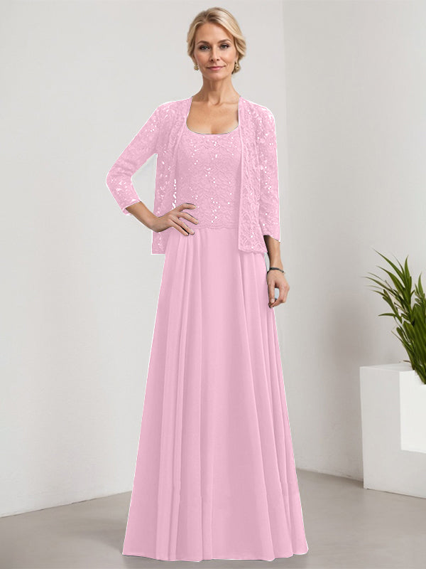 Vestido de corte A, cuadrado, largo hasta el suelo, de encaje y gasa con lentejuelas para la madre de la novia 