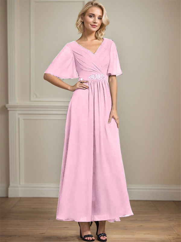 Robe de mère de la mariée en mousseline de soie, coupe trapèze, col en V, longueur cheville, ornée de sequins et de perles plissées