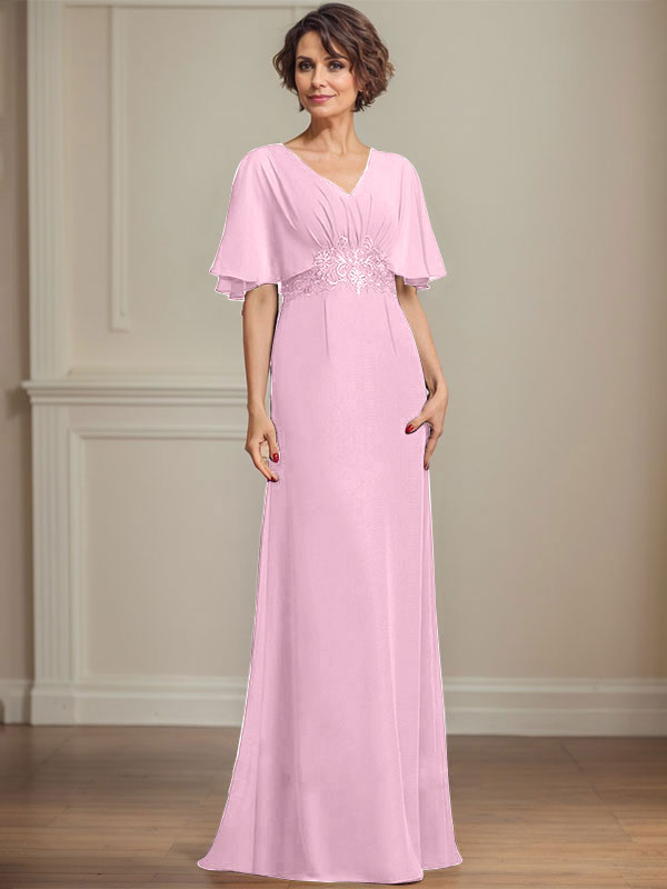 Vestido de corte A, escote en V, largo hasta el suelo, de gasa, para la madre de la novia, con apliques de lentejuelas plisadas y encaje.