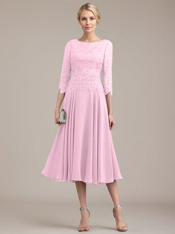 A-line Scoop Tea-Length Lace Chiffon Mother of the Bride Dress