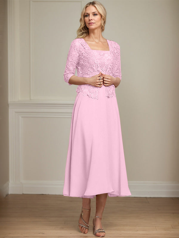 Vestido de corte A, largo midi, de gasa, encaje y lentejuelas para la madre de la novia. 