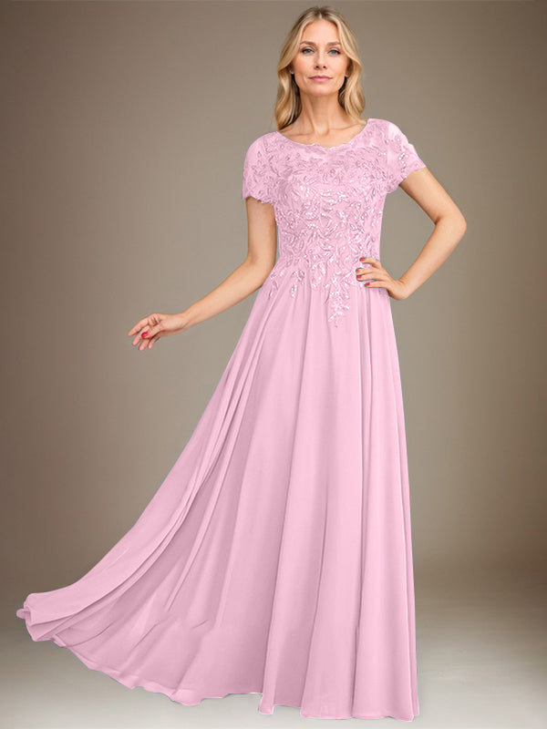 Vestido de corte A, escote redondo, largo hasta el suelo, de gasa, para la madre de la novia, con apliques y lentejuelas. 