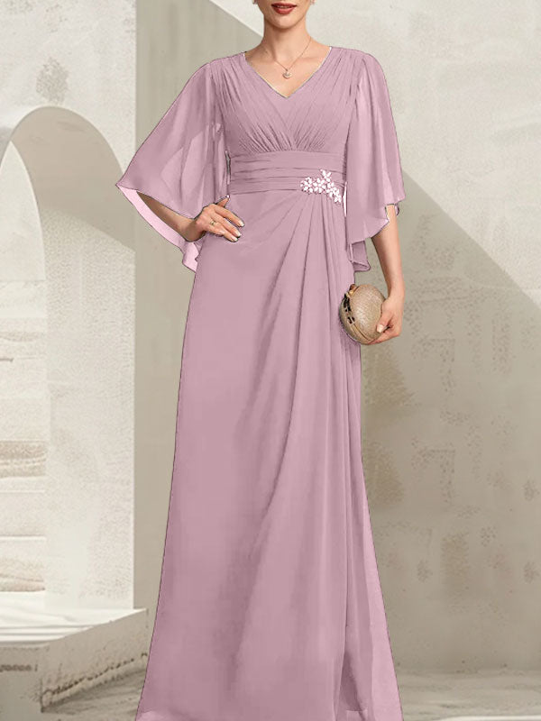Vestido de corte recto/columna, escote en V, largo hasta el suelo, de gasa, para la madre de la novia, con lentejuelas plisadas y pedrería.
