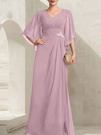 Vestido de corte recto/columna, escote en V, largo hasta el suelo, de gasa, para la madre de la novia, con lentejuelas plisadas y pedrería.
