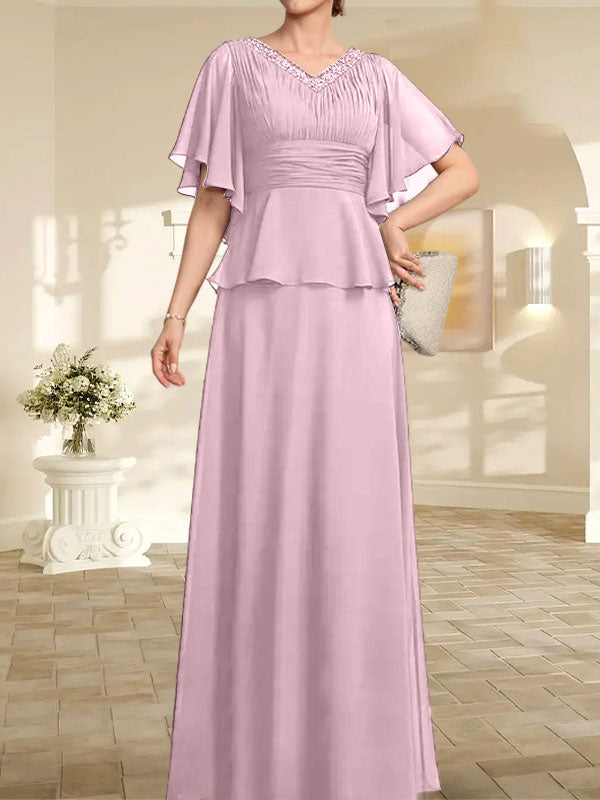 Vestido de gasa de corte A, escote en V, largo hasta el suelo, para la madre de la novia, con plisados ​​y cuentas.