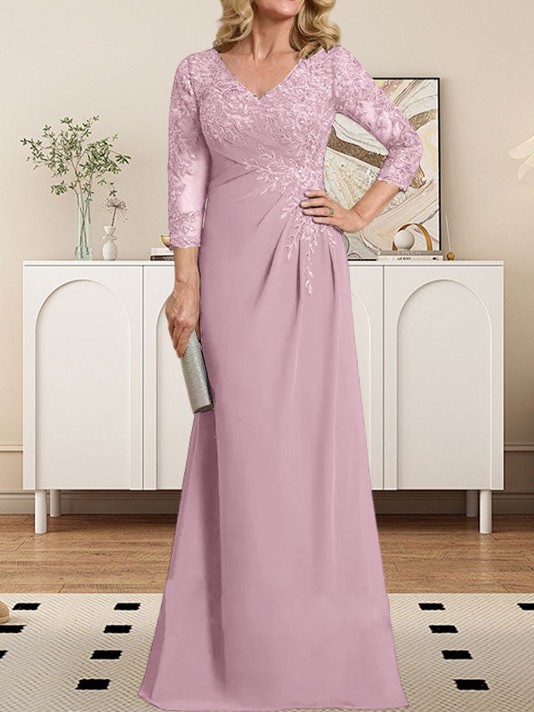 Vestido de novia de corte recto/columna, escote en V ilusión, largo hasta el suelo, de gasa de encaje con lentejuelas plisadas. 