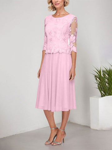 A-line Scoop Tea-Length Lace Chiffon Mother of the Bride Dress With Embroidery