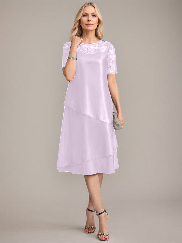Vestido de corte A, escote redondo, largo hasta la rodilla, para la madre de la novia, con apliques y lentejuelas. 