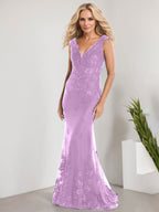 Vestido de sirena para la madre de la novia, corte sirena, escote en V, largo hasta el suelo, de gasa de encaje con apliques de lentejuelas. 