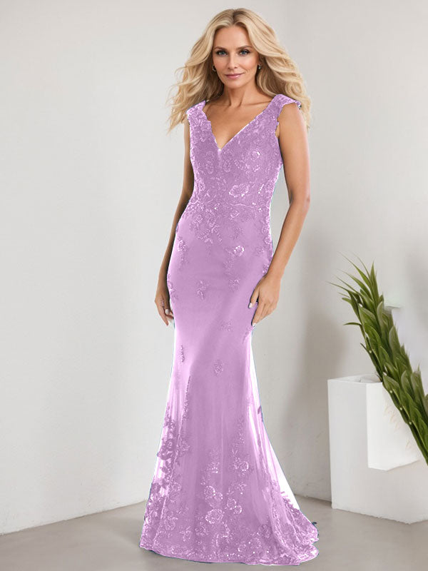 Vestido de sirena para la madre de la novia, corte sirena, escote en V, largo hasta el suelo, de gasa de encaje con apliques de lentejuelas. 