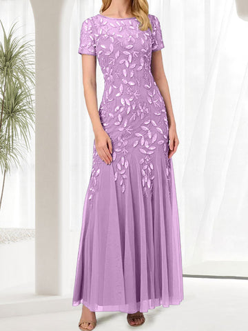 Blue Mermaid Round Neck Long Mother of the Bride Dress With Beadings