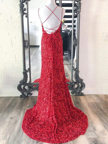 Mermaid Spaghetti Straps Long Sequins Prom Dress