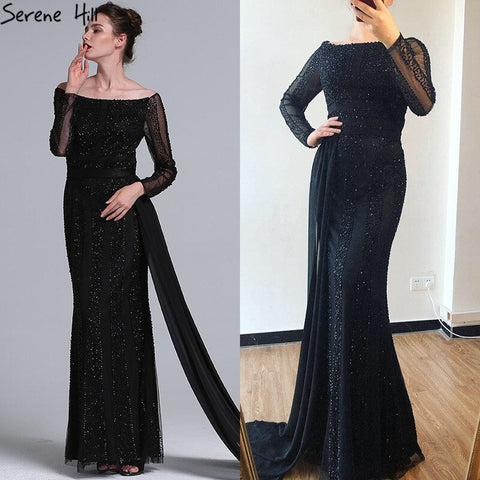 Long Sleeve Black Mermaid Tulle Evening Dresses Beading Sequined Formal Dress Real Photo 2025 LA6009
