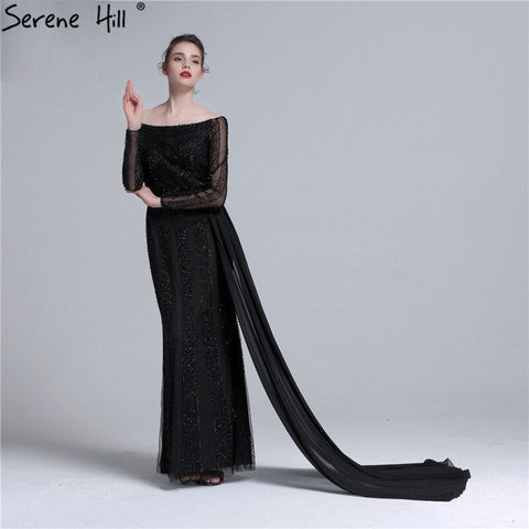 Long Sleeve Black Mermaid Tulle Evening Dresses Beading Sequined Formal Dress Real Photo 2025 LA6009