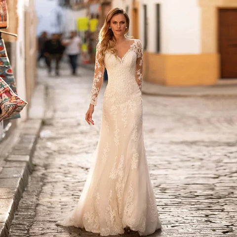 Vestidos de novia de sirena de encaje de manga larga con escote en V y tul para mujer, confeccionados a medida. 