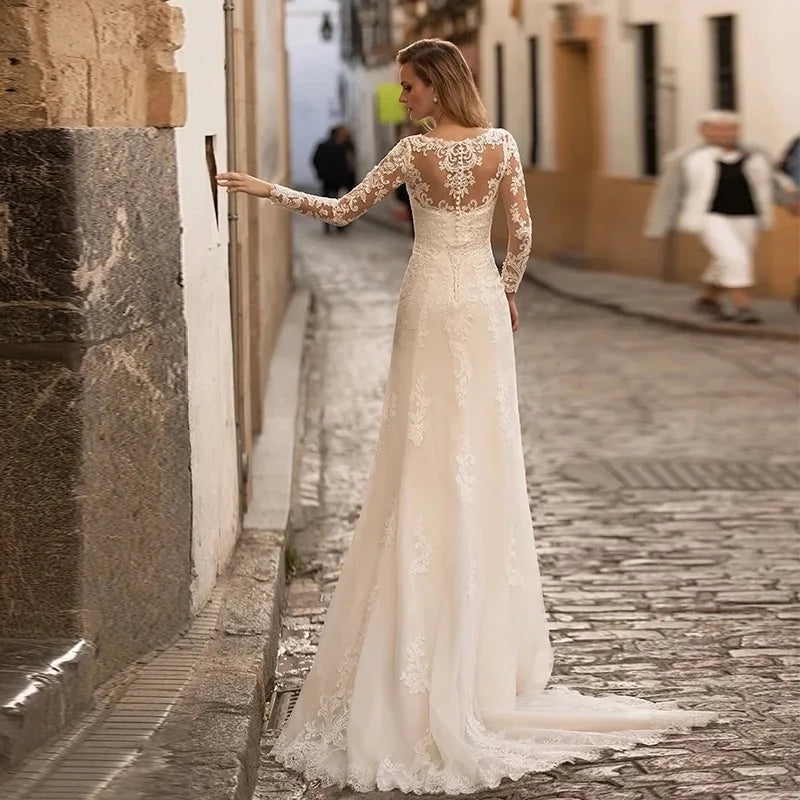 Vestidos de novia de sirena de encaje de manga larga con escote en V y tul para mujer, confeccionados a medida. 