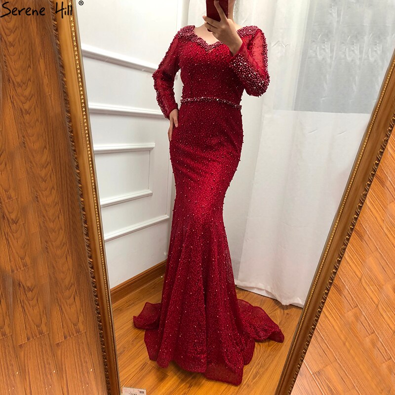 On Sale No Return No Refund Long Sleeve Wine Red Pearls Mermaid Evening Dresses 2025 Fashion Luxury Evening Gown Real Photo Dubai LA6428