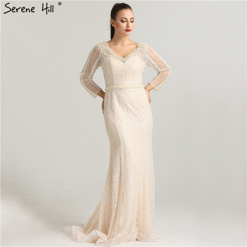 On Sale No Return No Refund Long Sleeve Wine Red Pearls Mermaid Evening Dresses 2025 Fashion Luxury Evening Gown Real Photo Dubai LA6428