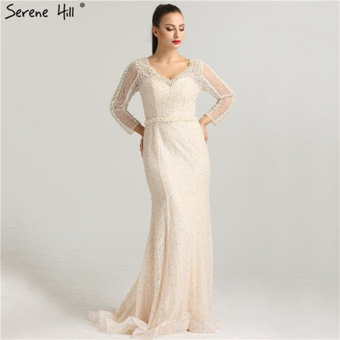 On Sale No Return No Refund Long Sleeve Wine Red Pearls Mermaid Evening Dresses 2025 Fashion Luxury Evening Gown Real Photo Dubai LA6428