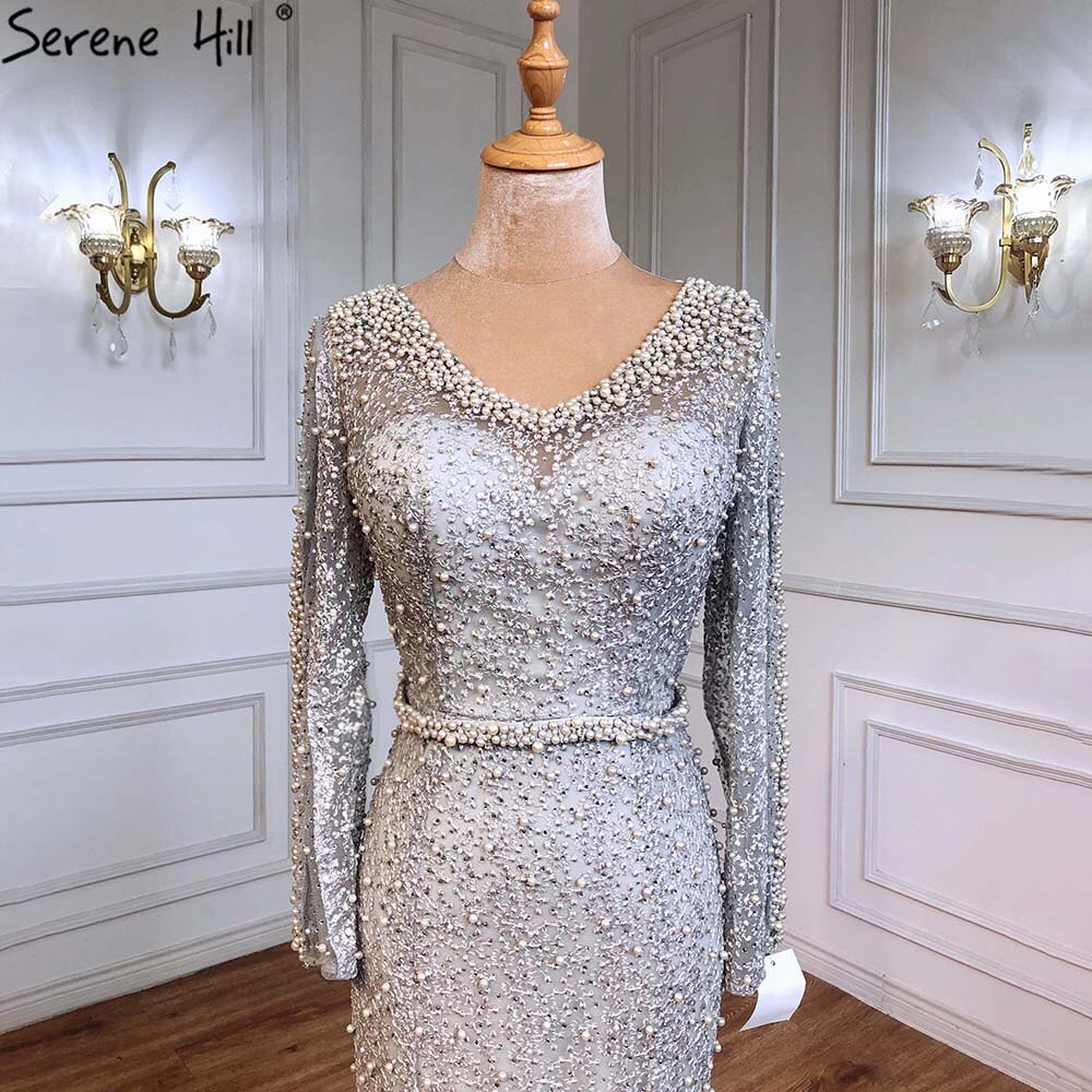 On Sale No Return No Refund Long Sleeve Wine Red Pearls Mermaid Evening Dresses 2025 Fashion Luxury Evening Gown Real Photo Dubai LA6428