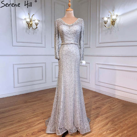 On Sale No Return No Refund Long Sleeve Wine Red Pearls Mermaid Evening Dresses 2025 Fashion Luxury Evening Gown Real Photo Dubai LA6428