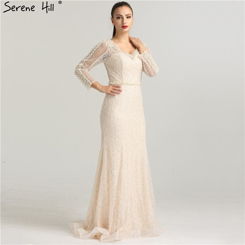 On Sale No Return No Refund Long Sleeve Wine Red Pearls Mermaid Evening Dresses 2025 Fashion Luxury Evening Gown Real Photo Dubai LA6428