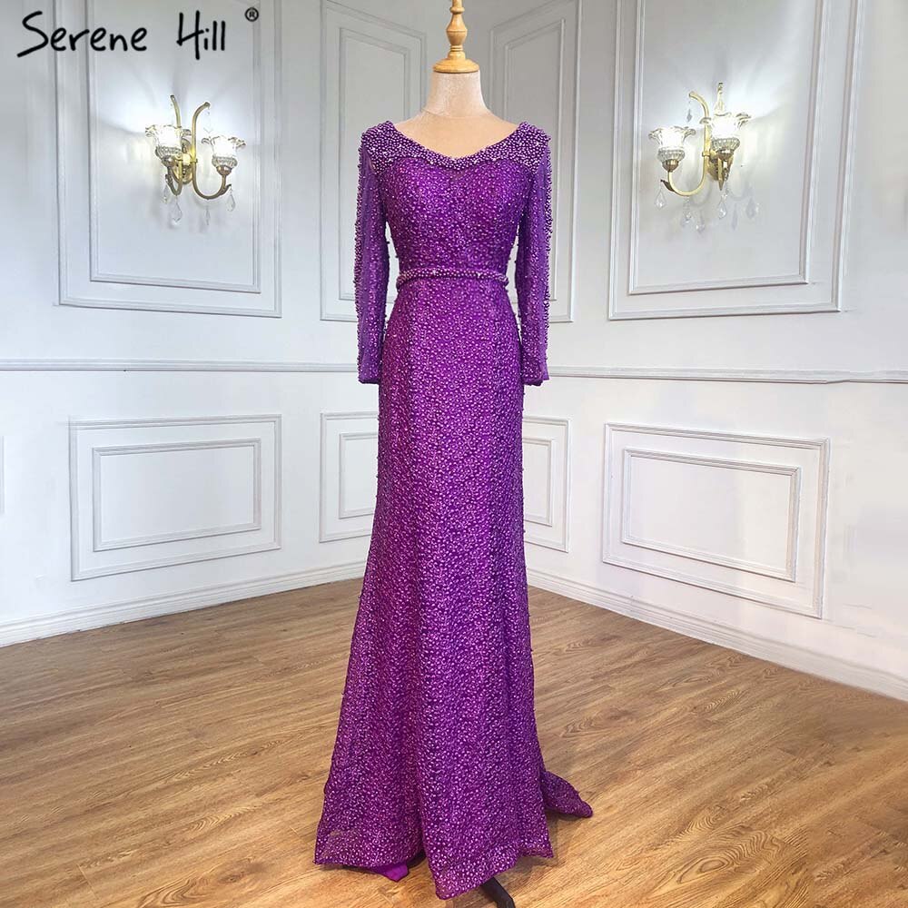 On Sale No Return No Refund Long Sleeve Wine Red Pearls Mermaid Evening Dresses 2025 Fashion Luxury Evening Gown Real Photo Dubai LA6428