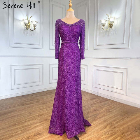On Sale No Return No Refund Long Sleeve Wine Red Pearls Mermaid Evening Dresses 2025 Fashion Luxury Evening Gown Real Photo Dubai LA6428