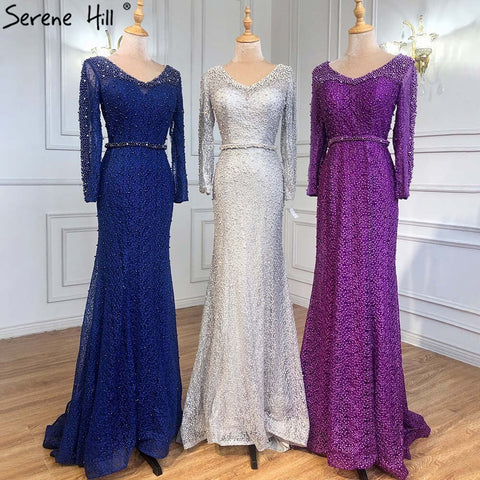 On Sale No Return No Refund Long Sleeve Wine Red Pearls Mermaid Evening Dresses 2025 Fashion Luxury Evening Gown Real Photo Dubai LA6428