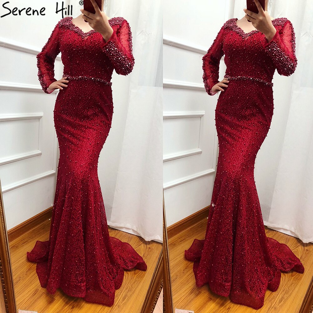 On Sale No Return No Refund Long Sleeve Wine Red Pearls Mermaid Evening Dresses 2025 Fashion Luxury Evening Gown Real Photo Dubai LA6428