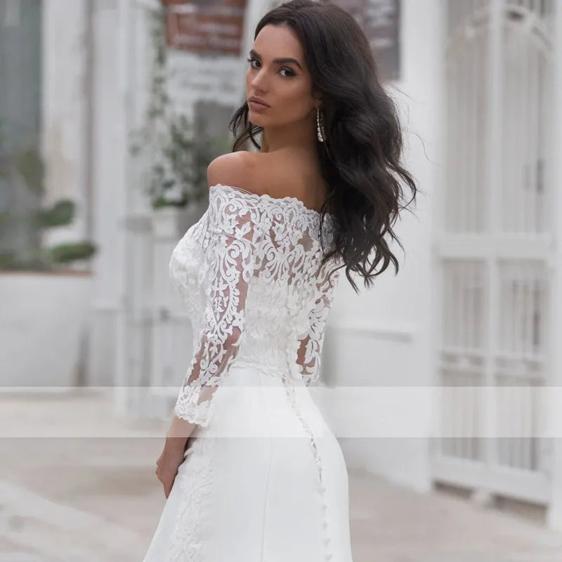 Long Sleeves Lace Wedding Dress For Women Brides Sexy Boat Neck Mermaid Appliques Bridal Gown Custom Made