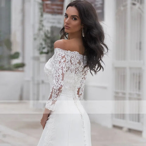 Vestido de novia de encaje de manga larga para mujer, con escote barco, corte sirena y apliques. Confeccionado a medida. 
