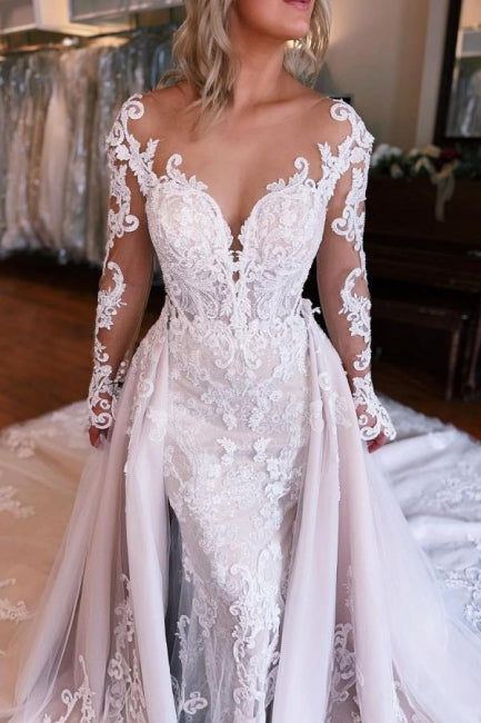 Robe de mariée sirène à manches longues avec surjupe