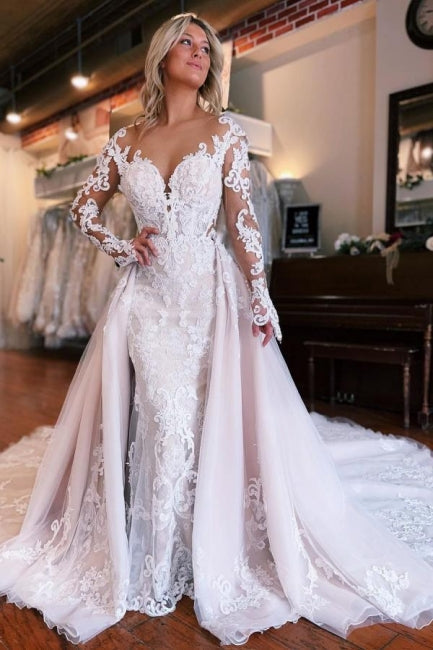 Robe de mariée sirène à manches longues avec surjupe