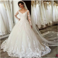 Robe de mariée grande taille à manches longues, robe de mariée à col en V avec applications de dentelle et lacets