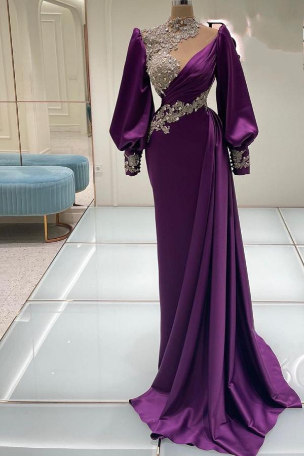 Robes de bal sirène glamour en satin à manches longues et col montant
