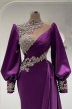 Robes de bal sirène glamour en satin à manches longues et col montant