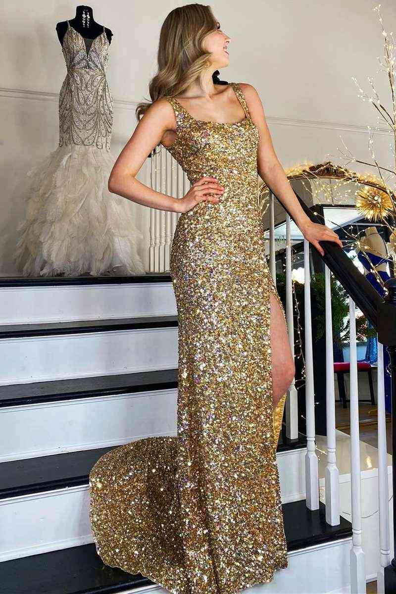 Vestido de graduación con escote cuadrado y abertura alta SYP149