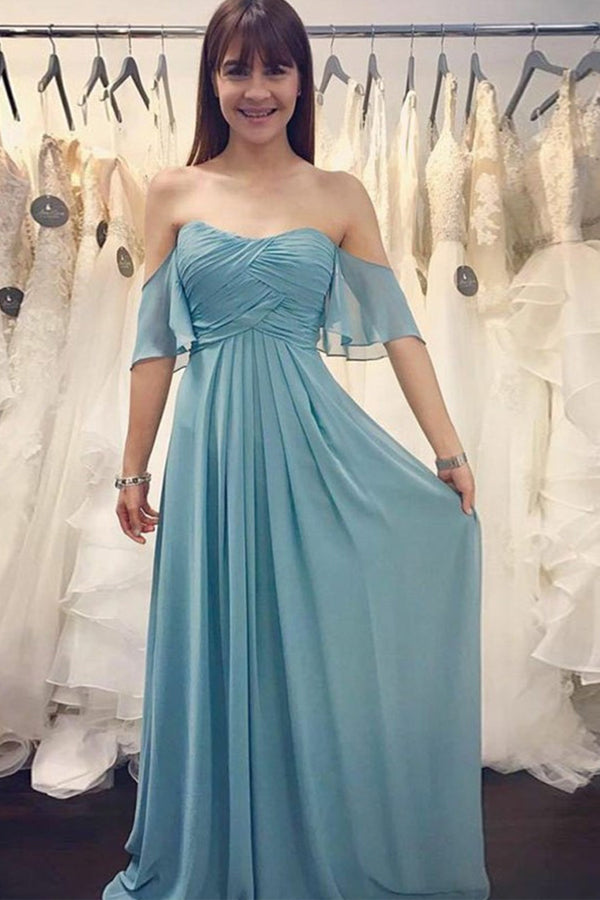 Robe de demoiselle d'honneur longue en mousseline bleue froncée, épaules dénudées BD118