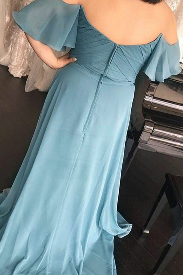 Robe de demoiselle d'honneur longue en mousseline bleue froncée, épaules dénudées BD118