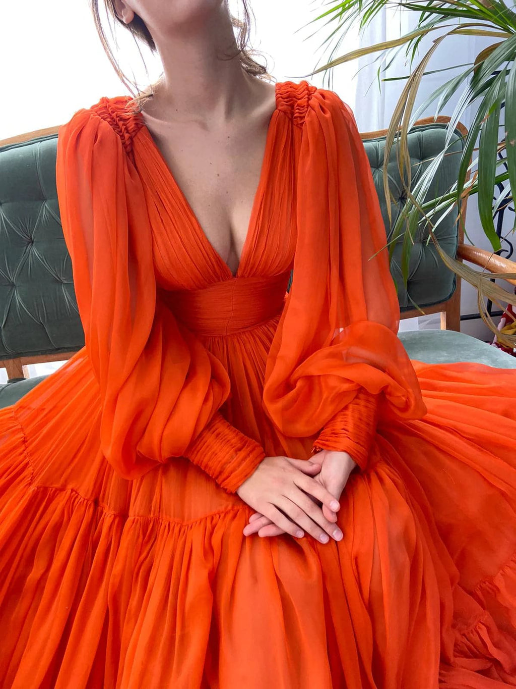 Long Prom Dress Puffy Sleeve Formal Gowns SYP25
