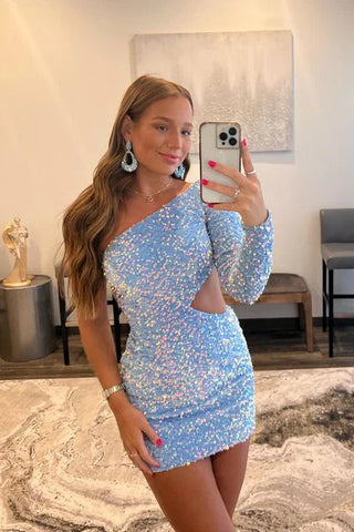 One Shoulder Purple Bodycon Sequin Homecoming Dress SYH34