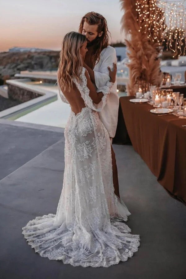 Long Sleeve V-neck Lace Appliques Boho Wedding Dress WD749