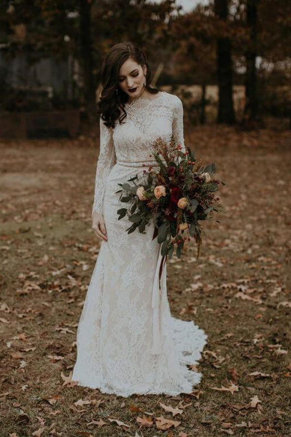 Vestido de novia vintage de manga larga, sin espalda, estilo rústico WD730