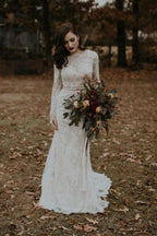 Vestido de novia vintage de manga larga, sin espalda, estilo rústico WD730
