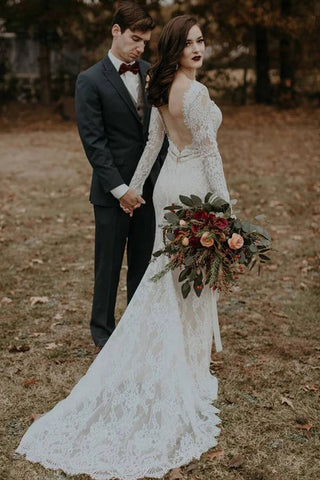 Vestido de novia vintage de manga larga, sin espalda, estilo rústico WD730