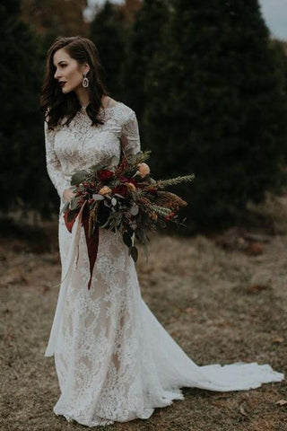 Vestido de novia vintage de manga larga, sin espalda, estilo rústico WD730